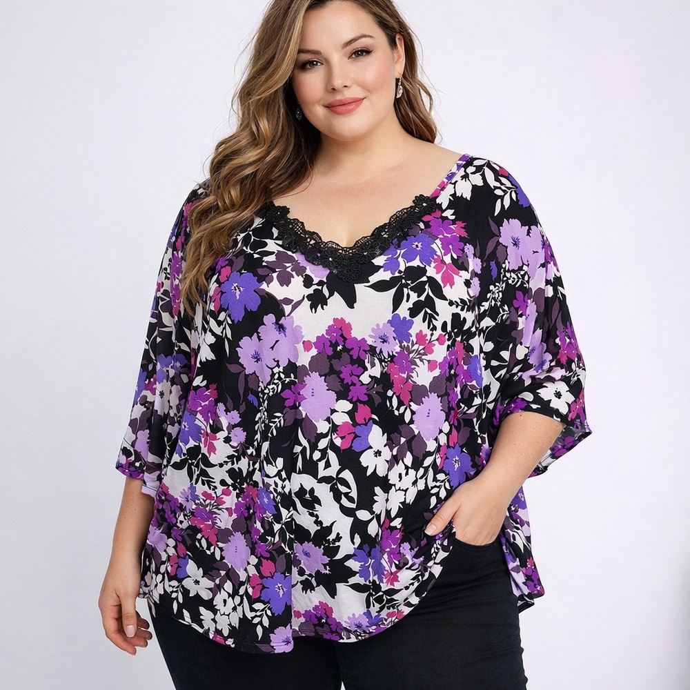 Yummy Plus Women's Blouse Lace Trim Black Purple Floral Lace 1X